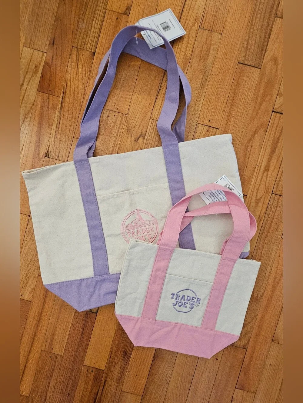 Trader Joe's Mini Pastel Canvas Tote Bags Lot of 4 and a Large Lavender Tote
